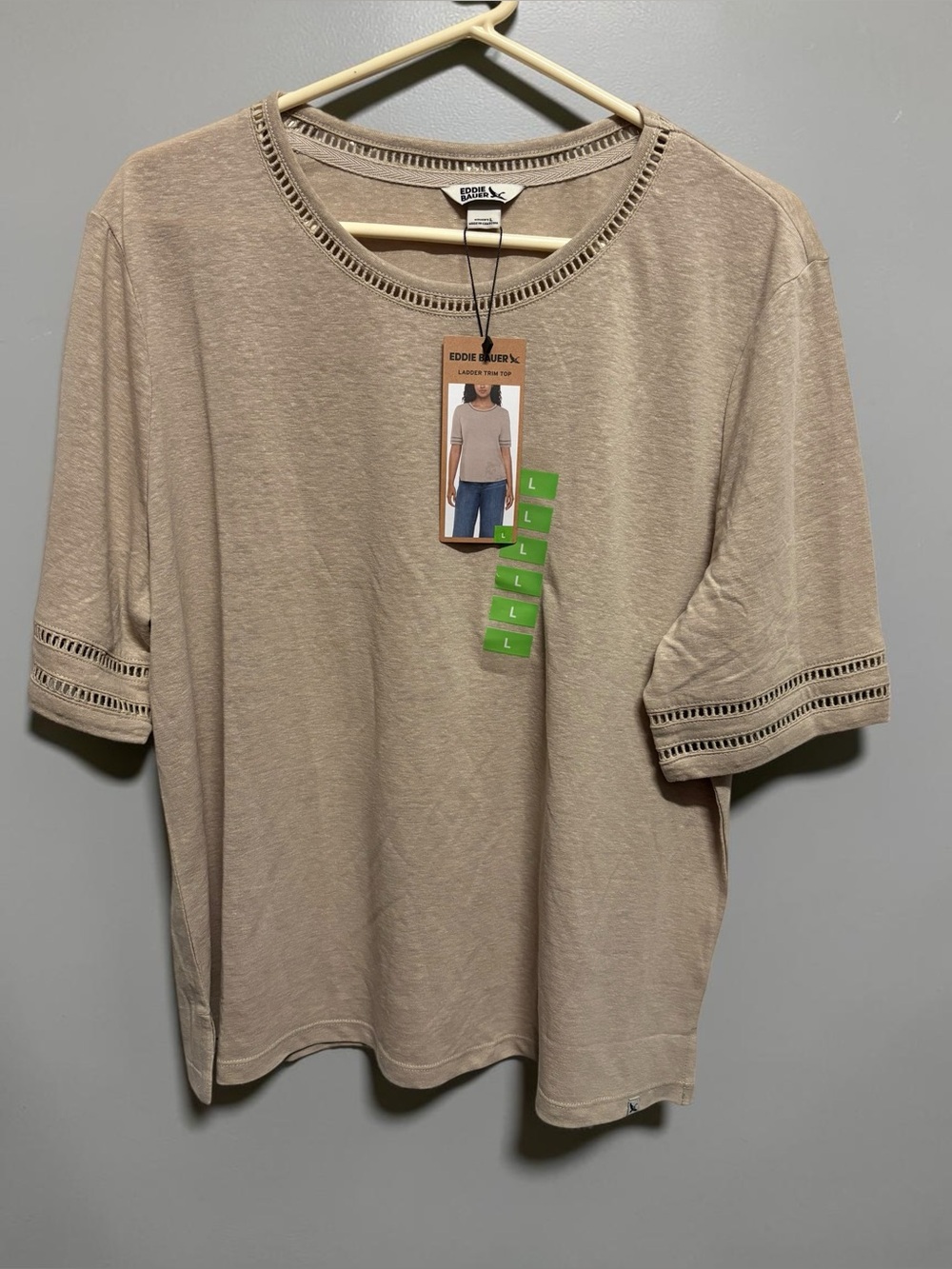 NWT Eddie Bauer Ladder Trim Top Taupe Beige Linen Blend Size L